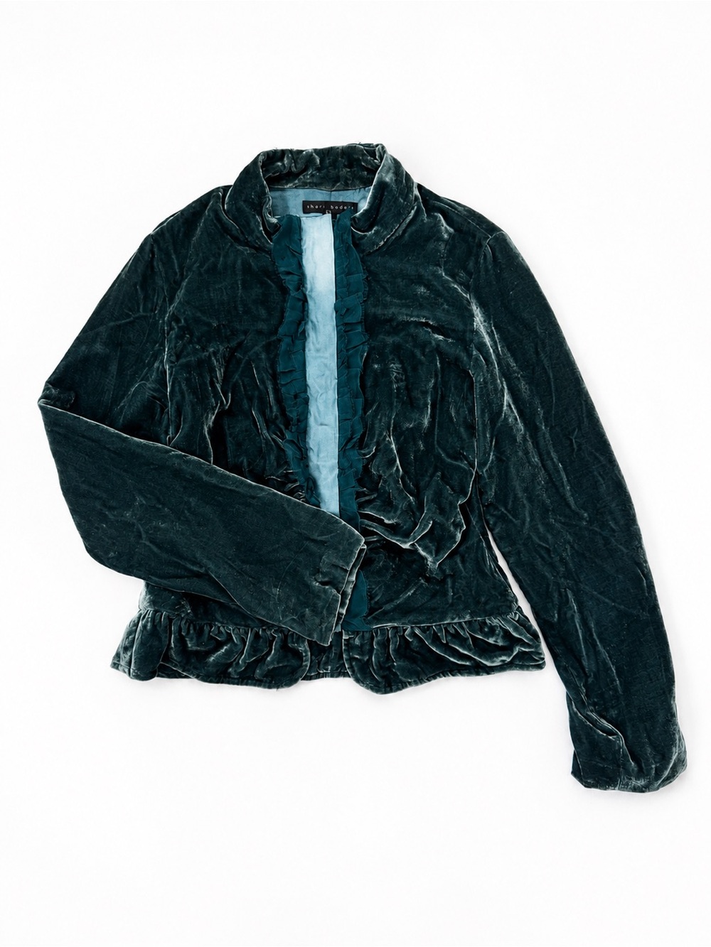 Vintage Y2K Sheri Bodell Silk Velvet Ruffle Jacket Teal Whimsigoth Size L